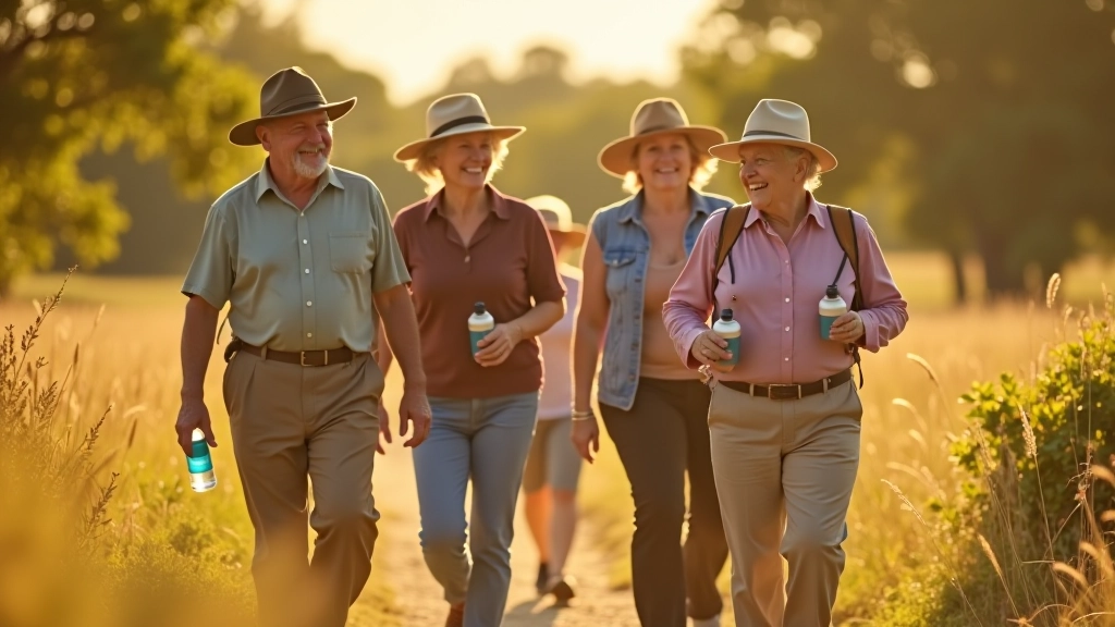 Grupo de adultos mayores caminando por el campo en día soleado